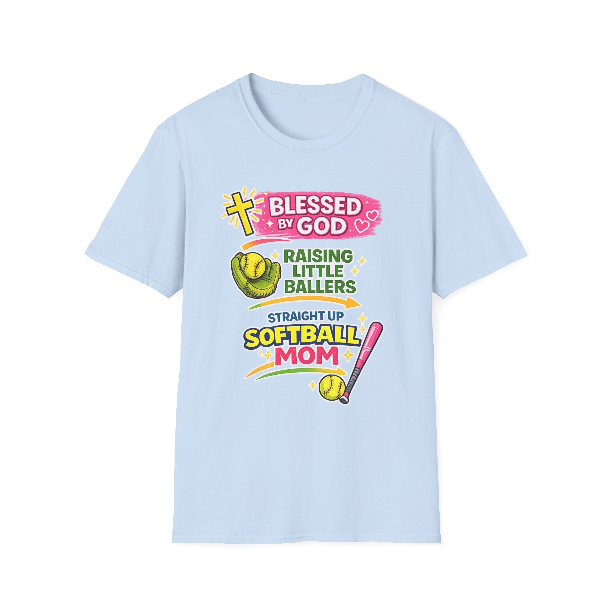 Softball Mom T-Shirt — "Blessed by God Raising Little Ballers" Faith Baseball Tee