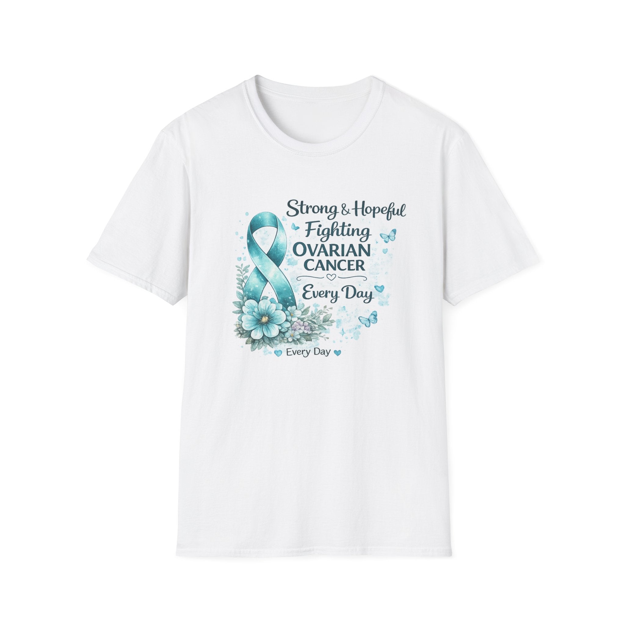 Ovarian Cancer Awareness Ribbon T-Shirt — "Strong & Hopeful: Fighting Ovarian Cancer Every Day"