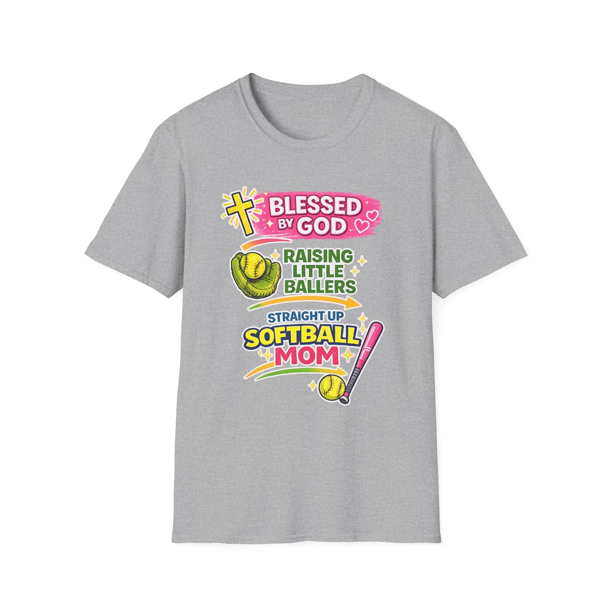Softball Mom T-Shirt — "Blessed by God Raising Little Ballers" Faith Baseball Tee