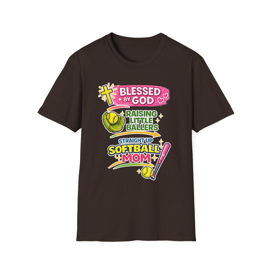Softball Mom T-Shirt — "Blessed by God Raising Little Ballers" Faith Baseball Tee