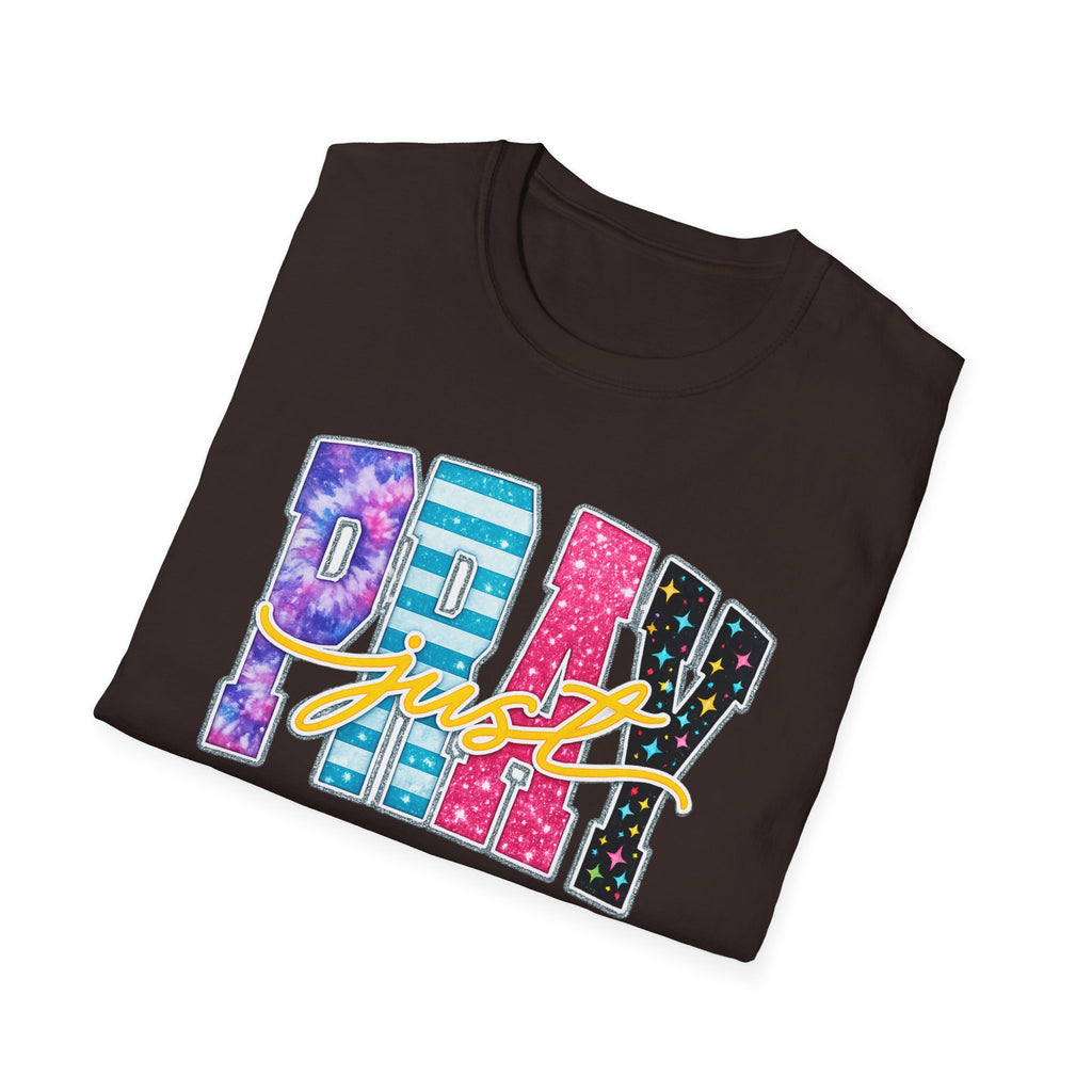 Playful 'Play' Graphic T-Shirt — Colorful Patterned Letters with 'Just' Script