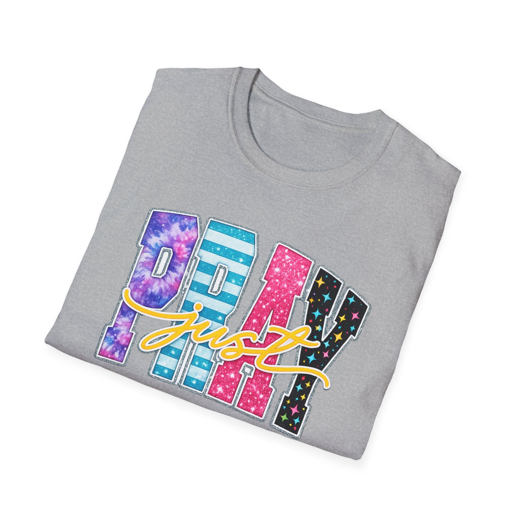 Playful 'Play' Graphic T-Shirt — Colorful Patterned Letters with 'Just' Script