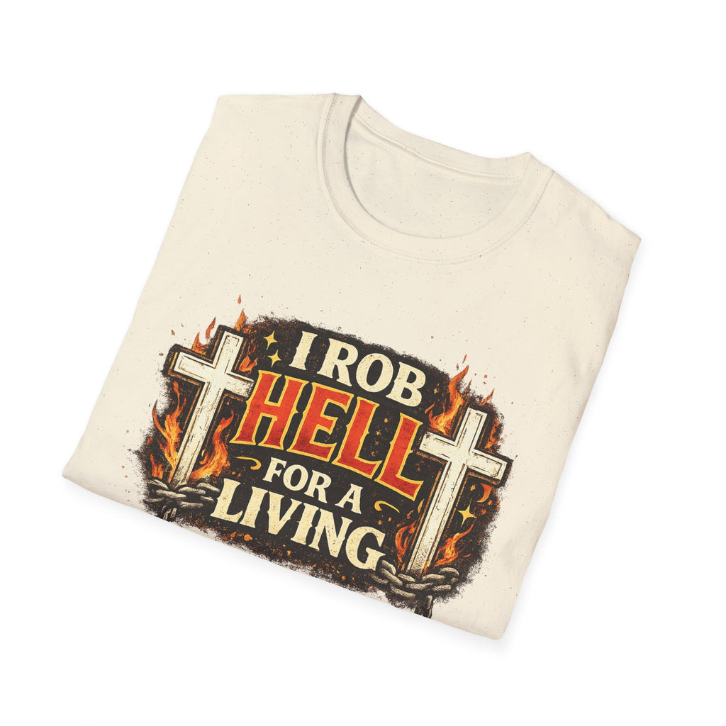 T-Shirt — "I Rob Hell for a Living" Flaming Cross Graphic