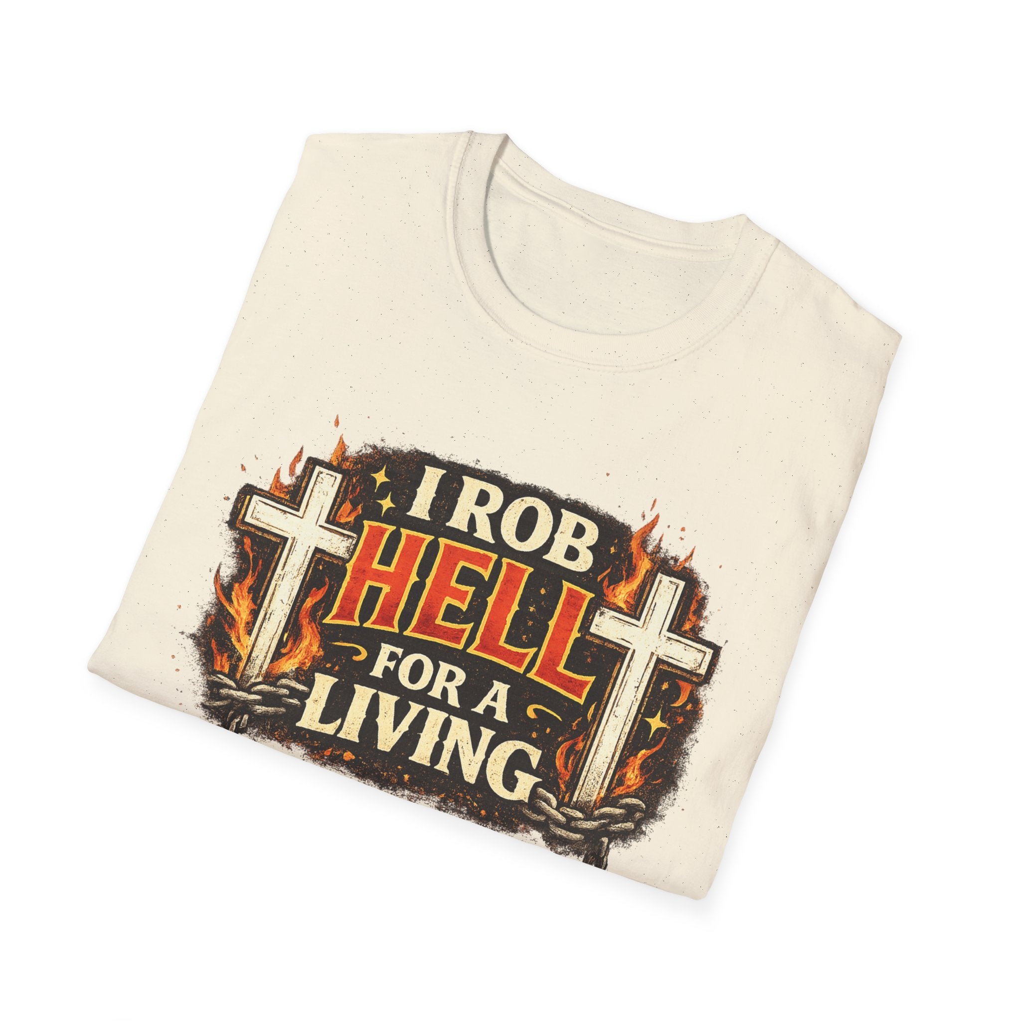 T-Shirt — "I Rob Hell for a Living" Flaming Cross Graphic